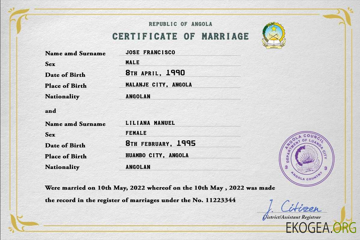 Modèle PSD de certificat de mariage en Angola